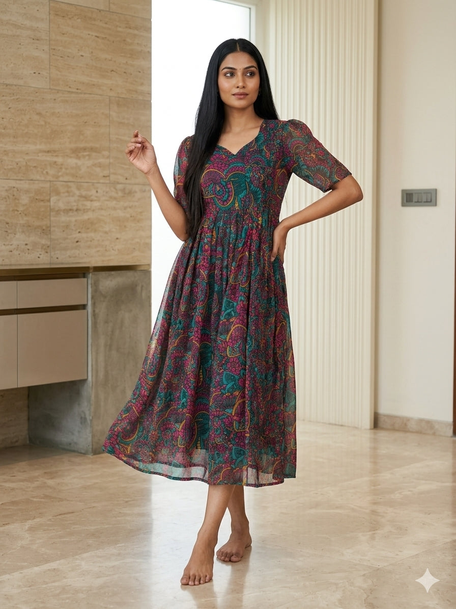 Teal Pink Paisley Printed Georgette Outdoor Non-Feeding Maxi