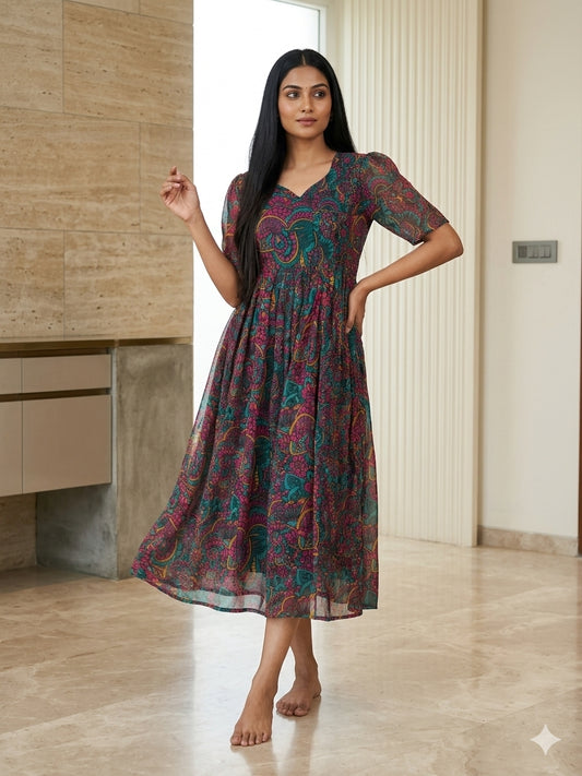 Teal Pink Paisley Printed Georgette Outdoor Non-Feeding Maxi