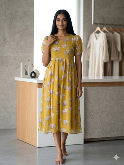 Mustard White Floral Printed Georgette Outdoor Non-Feeding Maxi