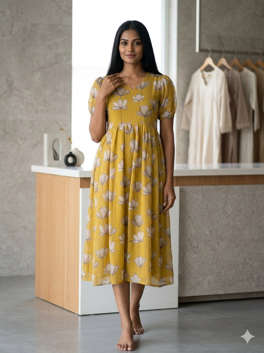 Mustard White Floral Printed Georgette Outdoor Non-Feeding Maxi
