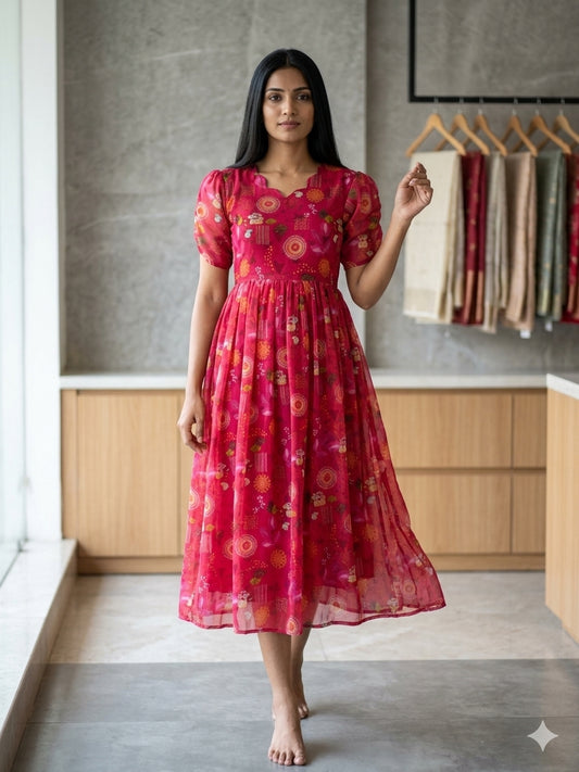 Raspberry Pink Floral Printed Georgette Outdoor Non-Feeding Maxi