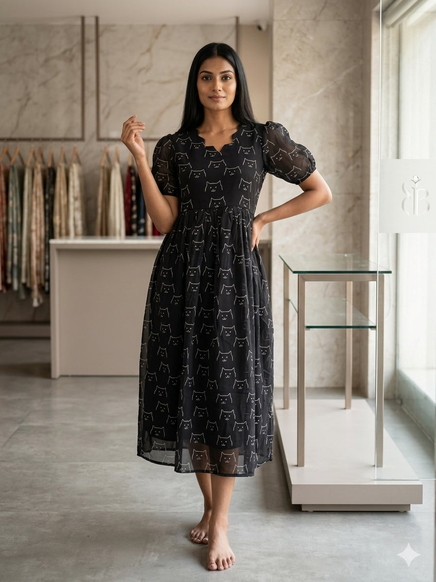 Black White Cat Printed Georgette Outdoor Non-Feeding Maxi