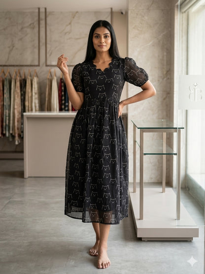 Black White Cat Printed Georgette Outdoor Non-Feeding Maxi