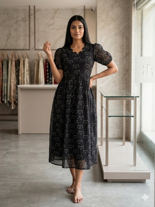 Black White Cat Printed Georgette Outdoor Non-Feeding Maxi