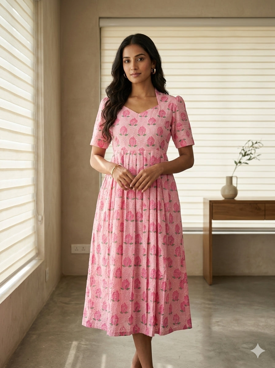 Pink Lotus Printed Hakoba Non Feeding Maxi