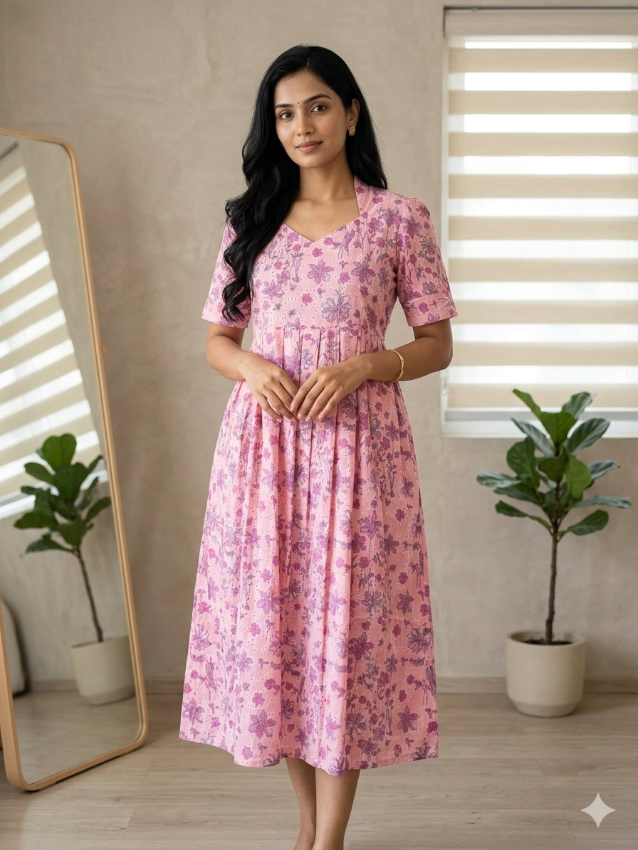 Peach Pink Floral Printed Hakoba Non Feeding Maxi