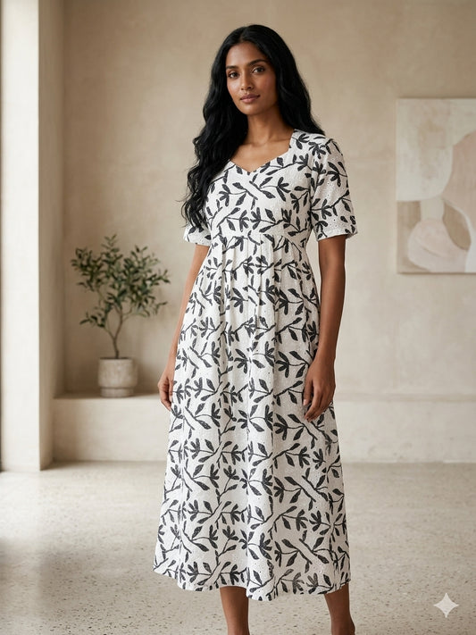 Off White Black Leaf Printed Hakoba Non Feeding Maxi