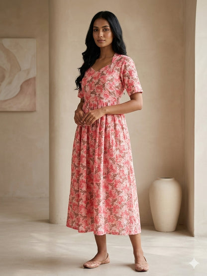 Peach Pink Tie-Dye Printed Hakoba Non Feeding Maxi