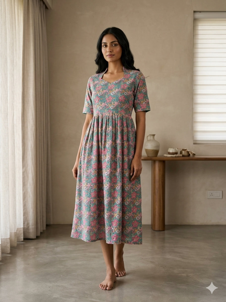 Teal Pink Floral Printed Hakoba Non Feeding Maxi