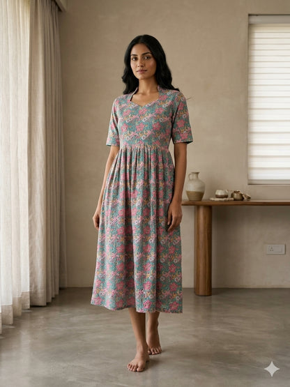 Teal Pink Floral Printed Hakoba Non Feeding Maxi