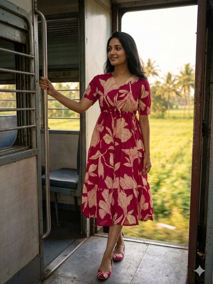 Leaf Print Pink Cotton Maxi