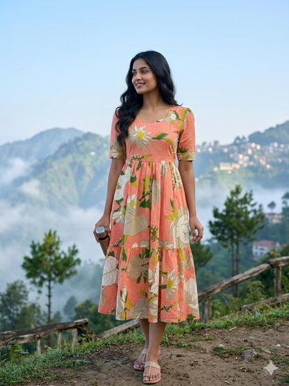 Floral Print Peach Outdoor Wear Frock