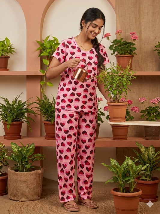Spun Fabric Pink Heart Print T-shirt and Palazzo Set