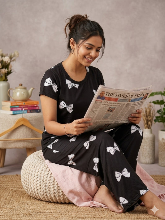 Spun Fabric Black Bow Print T-shirt and Palazzo Set