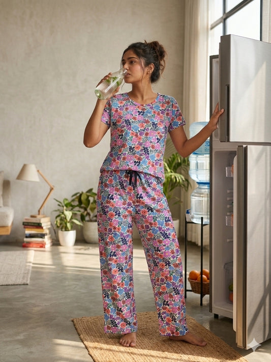 Spun Fabric White Multicolor Floral Printed T-shirt and Palazzo Set