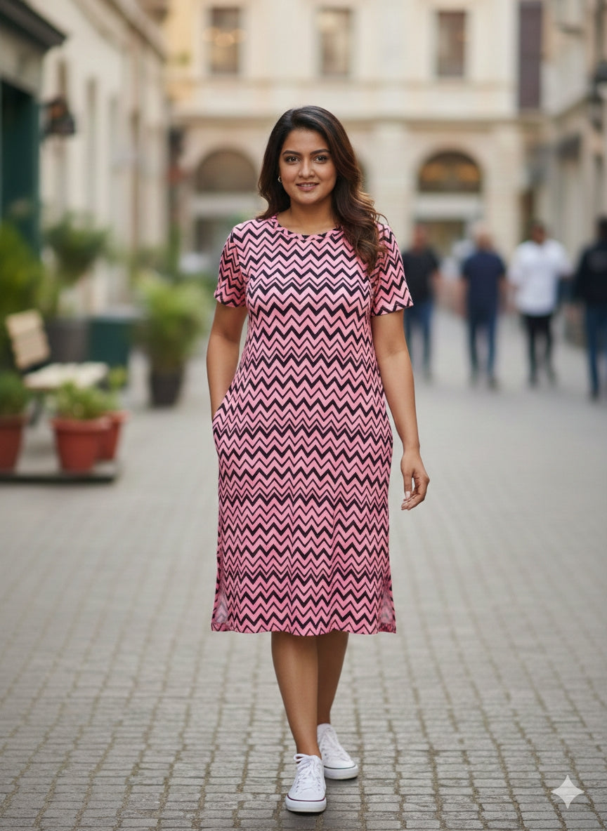 Baby Pink and Chevron Printed Round Neck Long Tunic