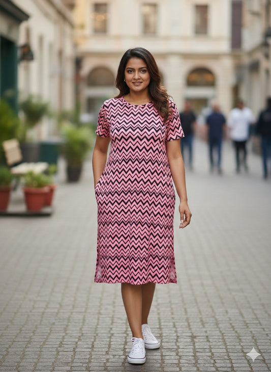 Baby Pink and Chevron Printed Round Neck Long Tunic