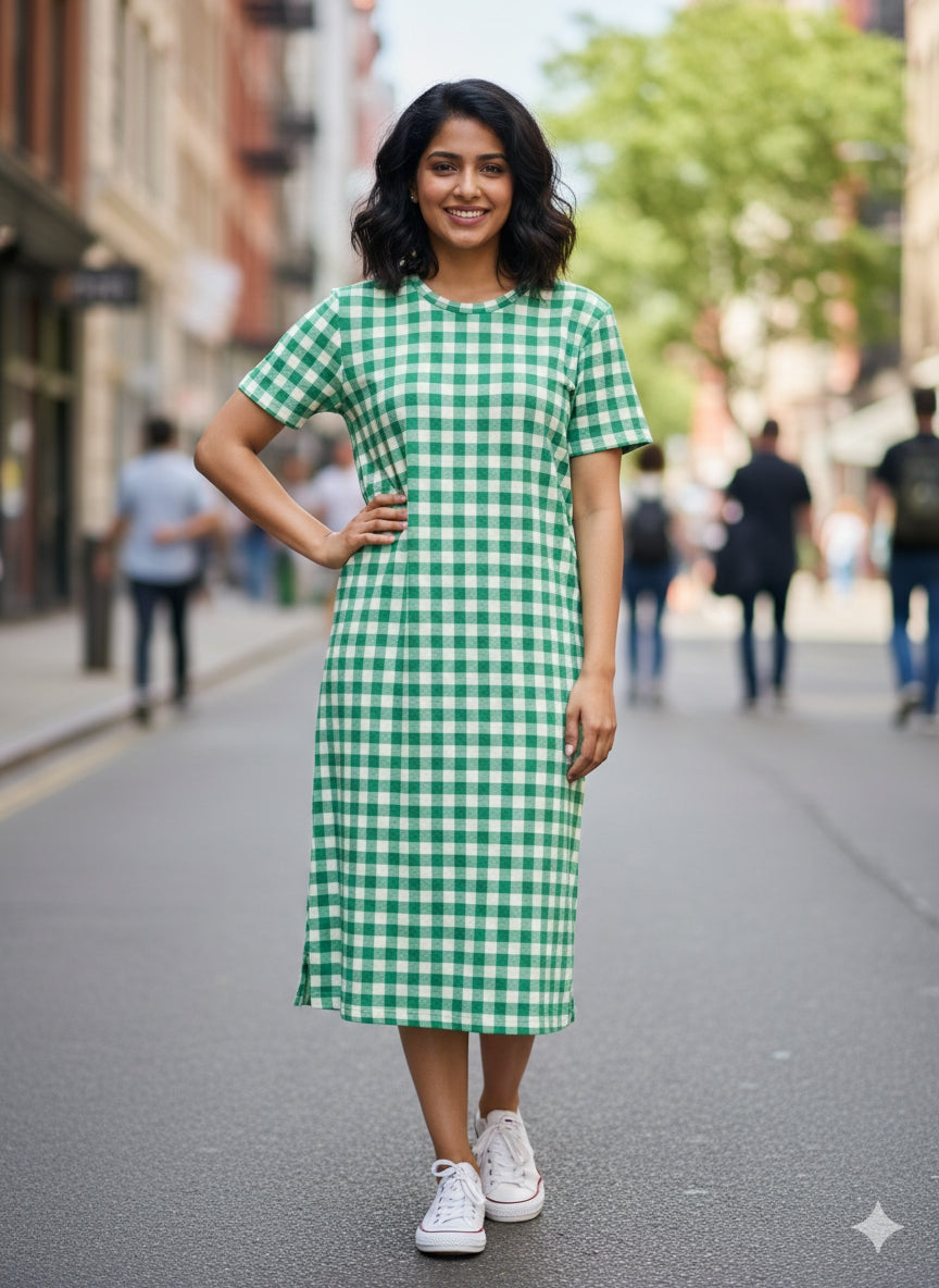 Green and Gingham Printed Round Neck Long Tunic