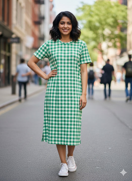 Green and Gingham Printed Round Neck Long Tunic