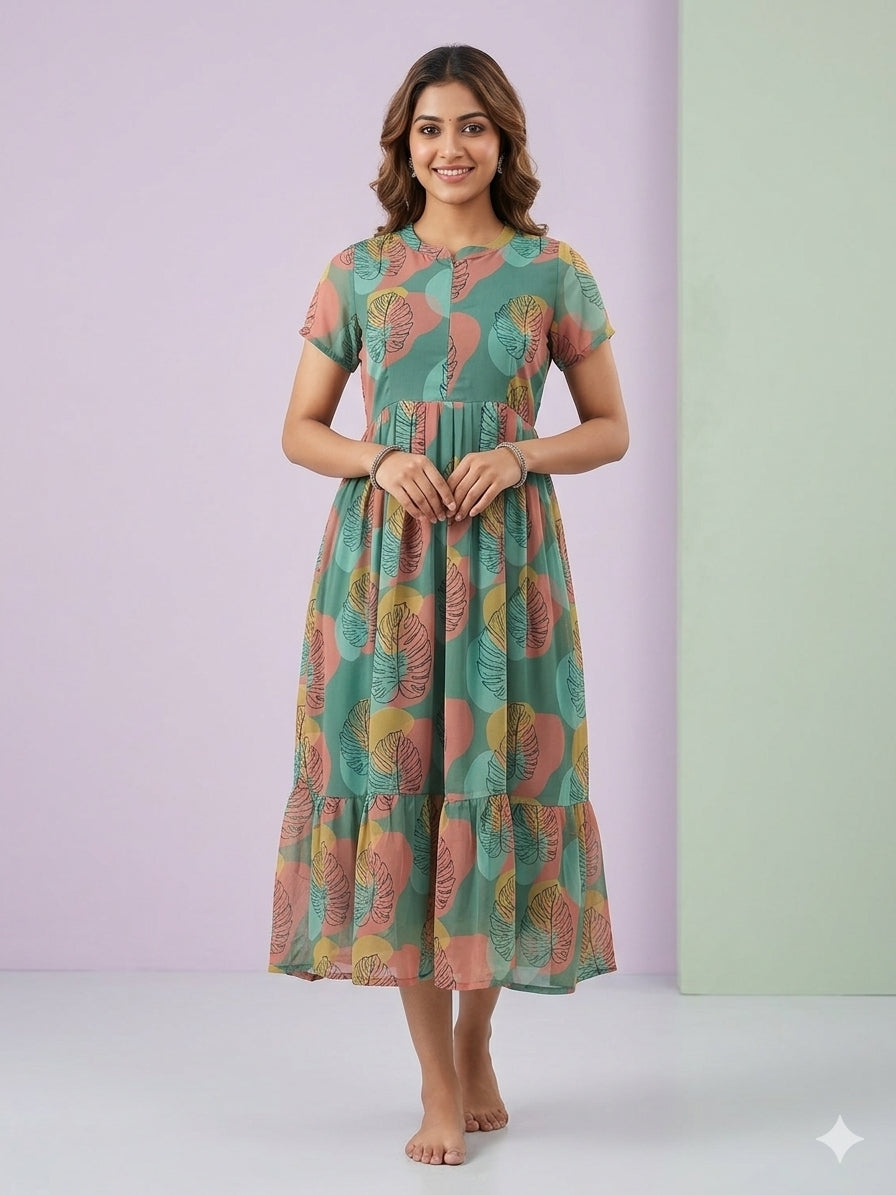 Sea Green with Botanical Printed Short Sleeves Georgette Center Zip Maxi