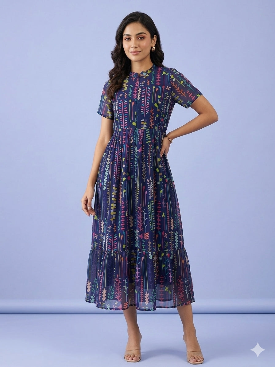 Navy Blue with Micro-Floral Printed Short Sleeves Georgette Center Zip Maxi