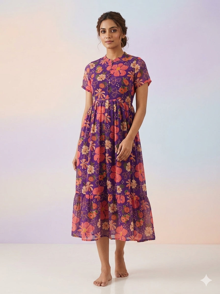 Violet with Multicolor Floral Printed Short Sleeves Georgette Center Zip Maxi