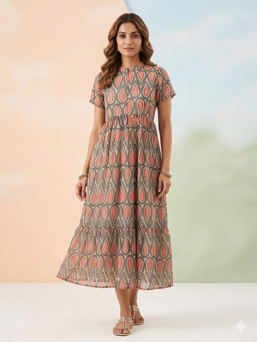 Olive Brown with Ditsy Floral Printed Short Sleeves Georgette Center Zip Maxi
