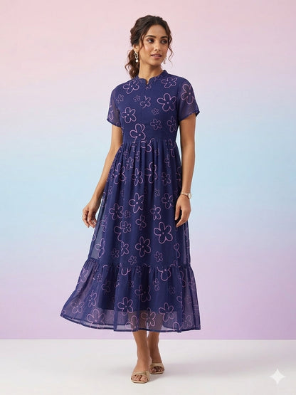 Dark Blue with Floral Shapes Printed Short Sleeves Georgette Center Zip Maxi