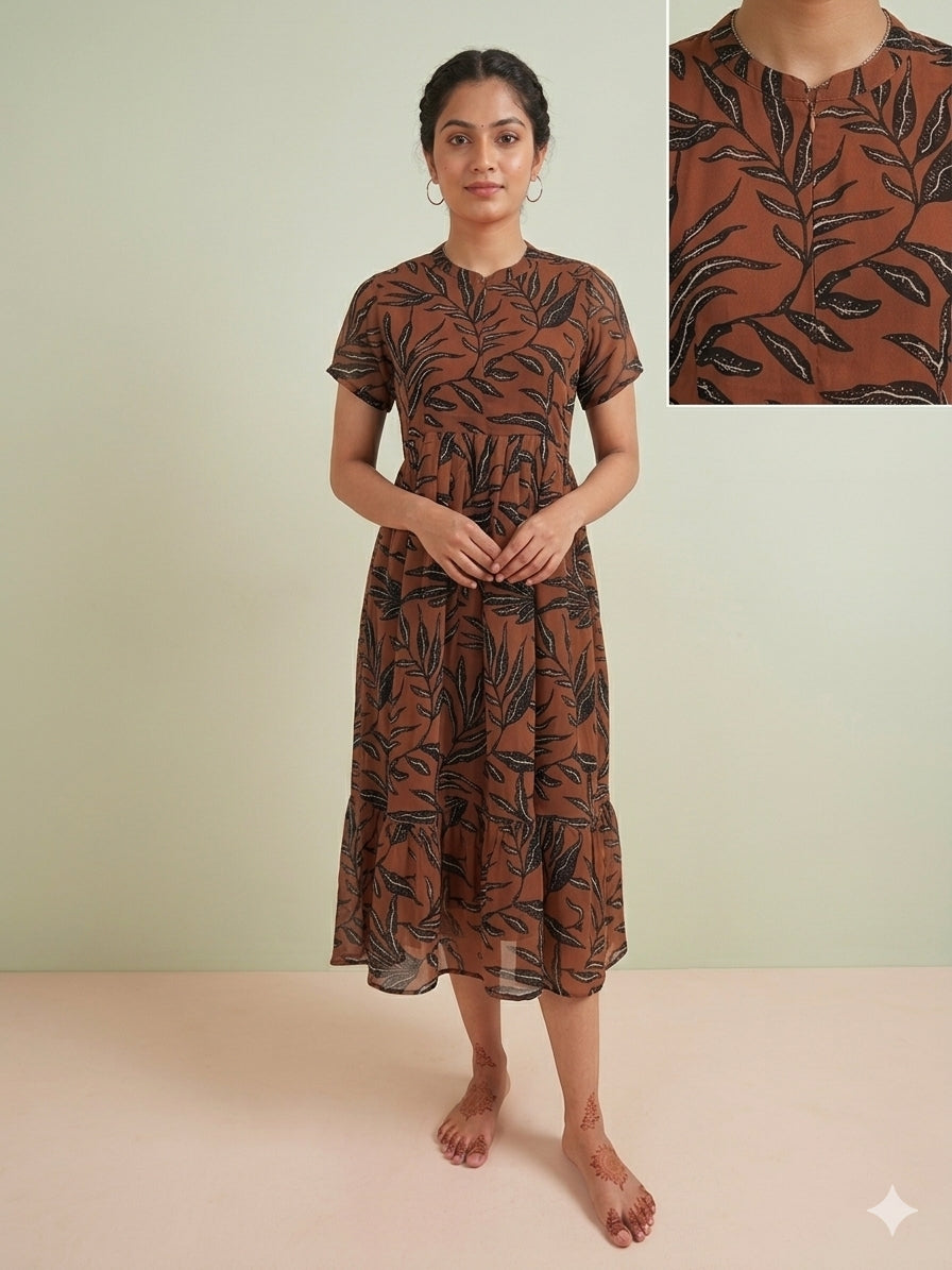 Dark Brown with Ethnic Floral Printed Short Sleeves Georgette Center Zip Maxi