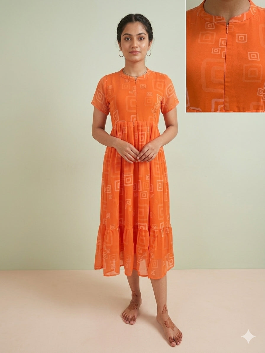 Orange with Zari Motifs Printed Short Sleeves Georgette Center Zip Maxi