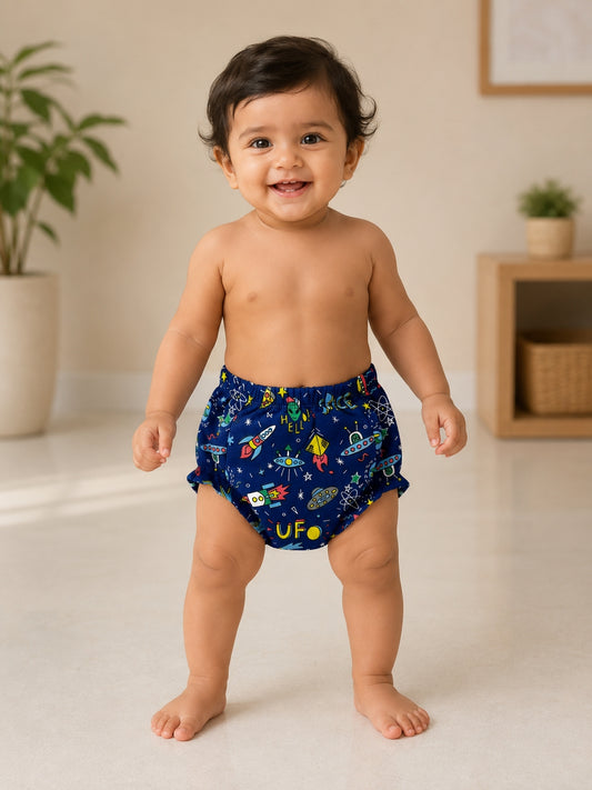 Navy Blue with Space-Themed Pattern Printed Kids Padded Underwear