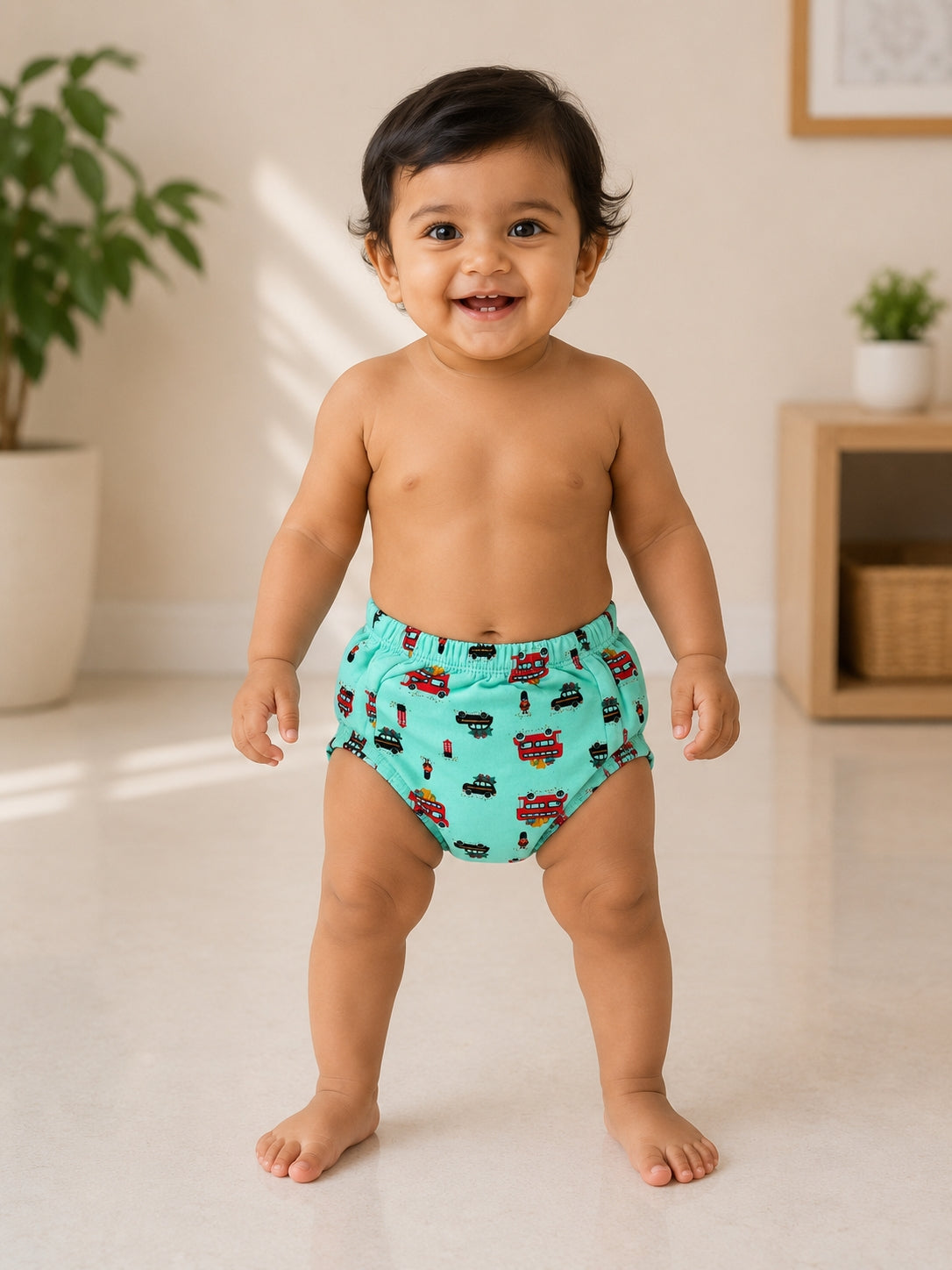 Green with Vehicle's Printed Kids Padded Underwear