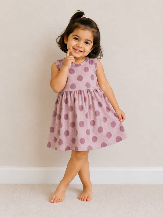 Pink Sleeveless Frocks with Brown Dot Design