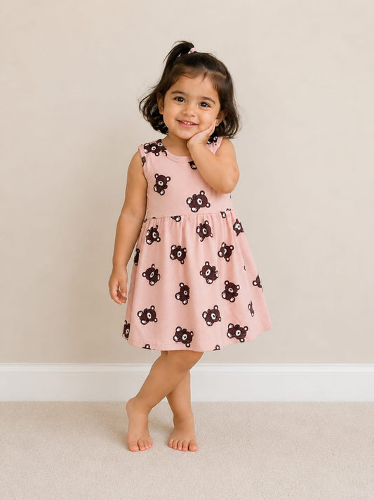 Light Pink Sleeveless Frocks with Black Teddy Design