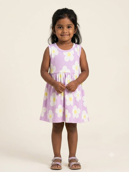 Lavender sleeveless frock with white daisy flowers