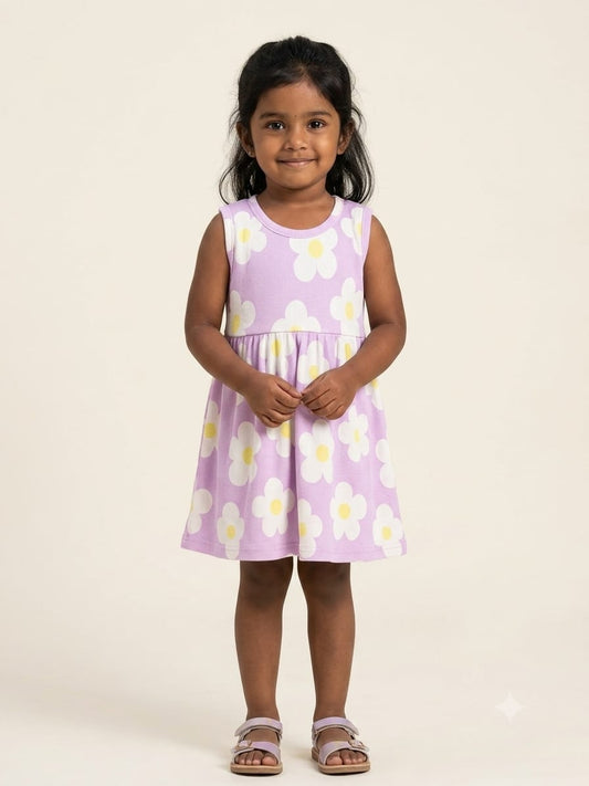 Lavender sleeveless frock with white daisy flowers