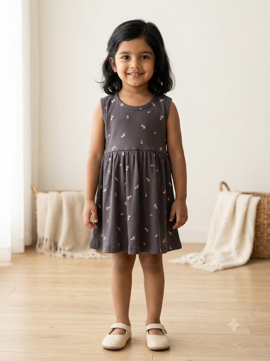 Grey Sleeveless Frocks with White Flower Design