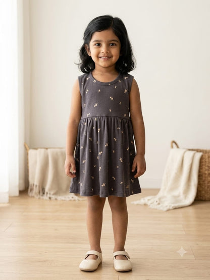 Grey Sleeveless Frocks with White Flower Design