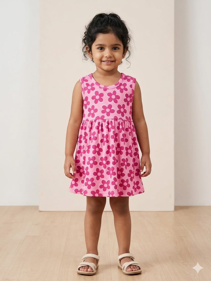 Cute pink daisy print sleeveless frock