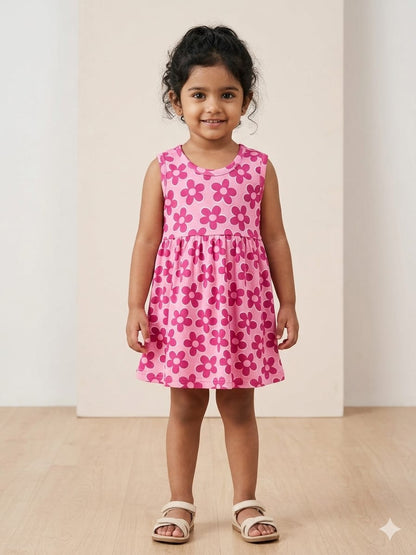Cute pink daisy print sleeveless frock