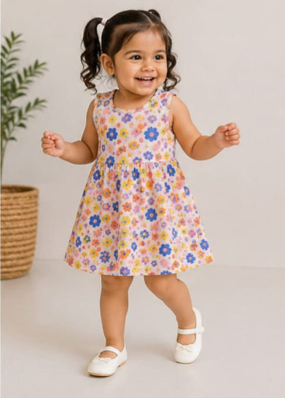 Pink Sleeveless Frocks with Colorfull Flowers Design
