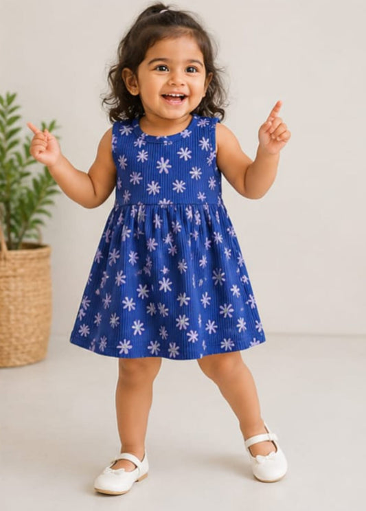 Dark Blue Sleeveless Frocks with Light Blue Flowers Design