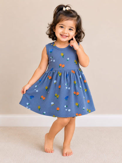 Dark Blue Sleeveless Frocks with Colorfull Fruit Design