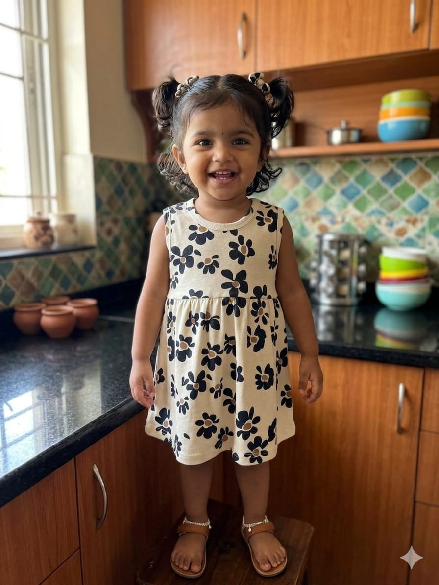 White Sleeveless Frocks with Black Flowers Design