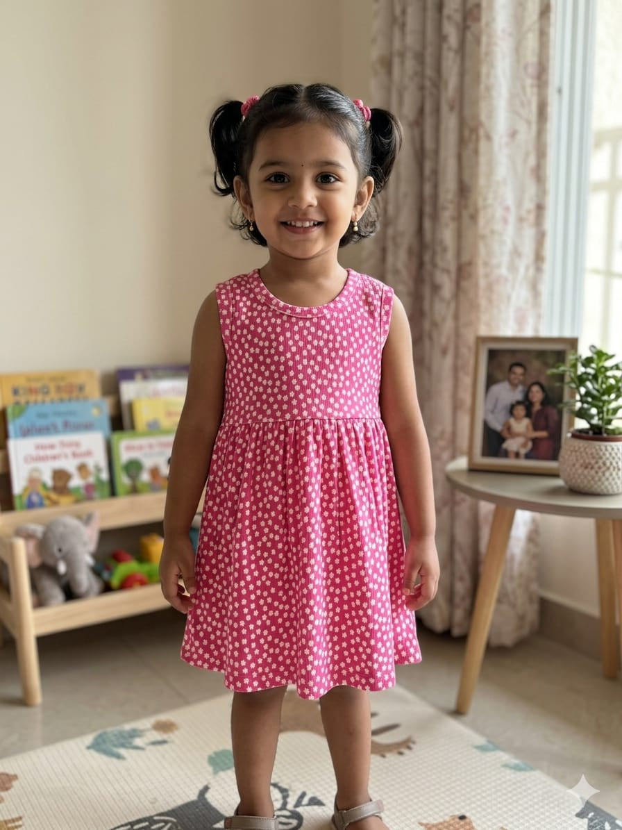 Pink Sleeveless Frocks with White Flowers Design