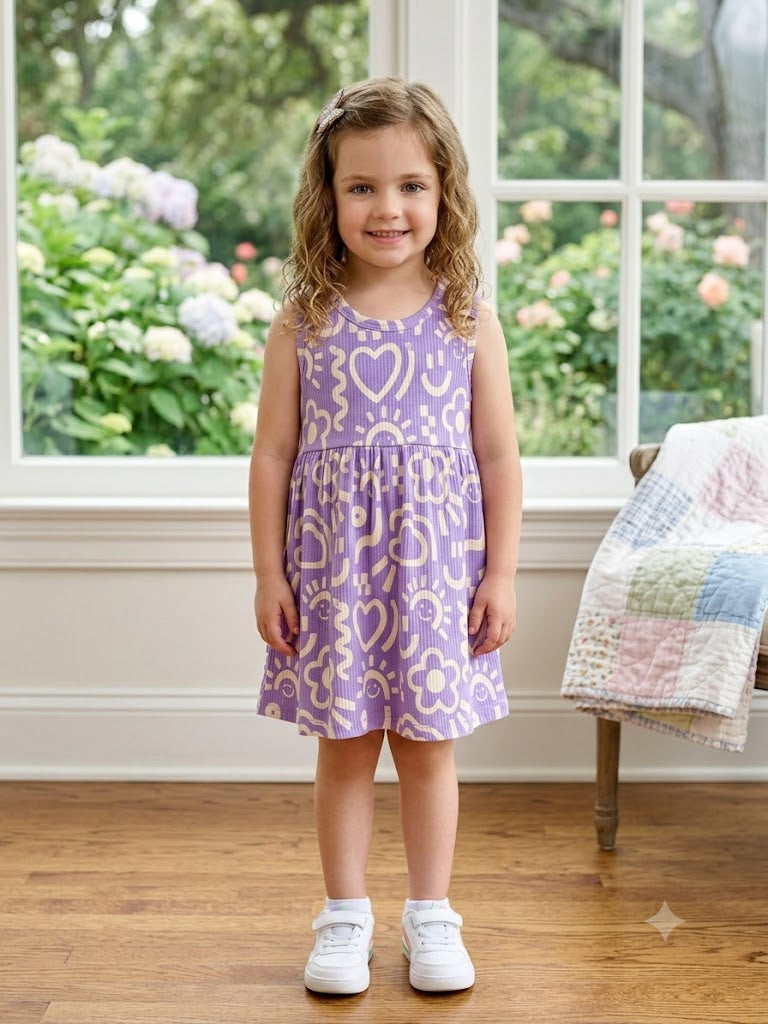 Purple Sleeveless Frocks with White Designs