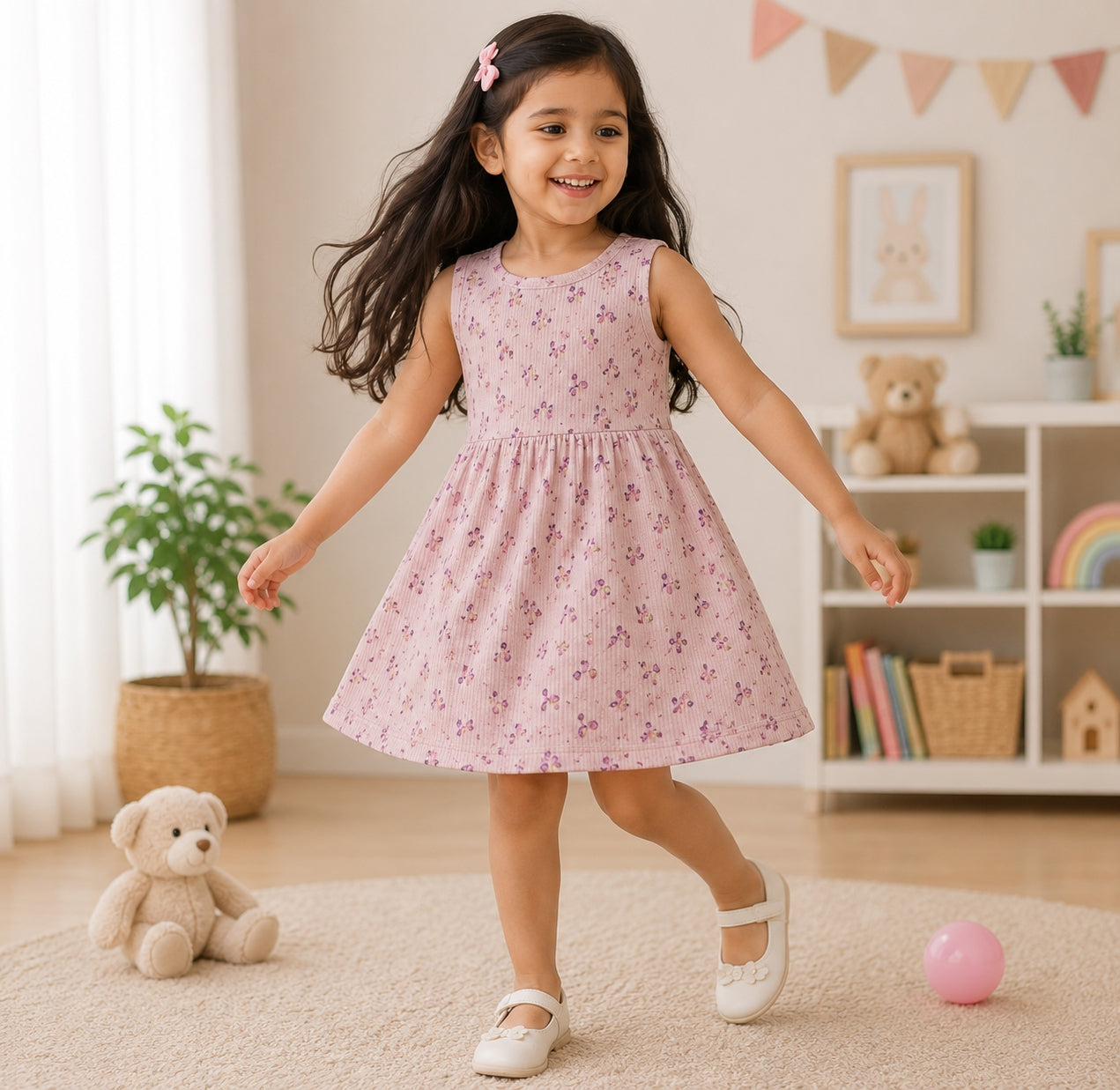 Light pink sleeveless frock with tiny flowers design