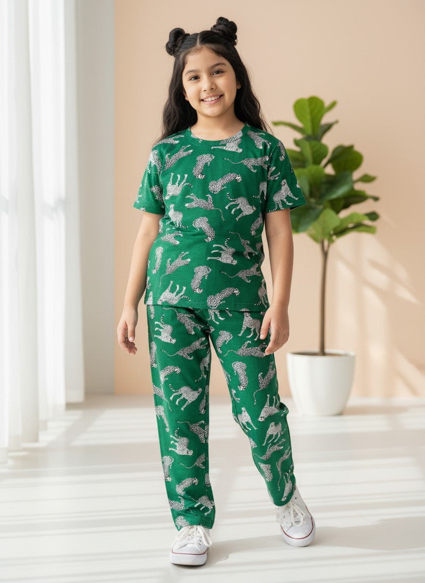 Green Leopard Print T-Shirt and Pant Co-ords