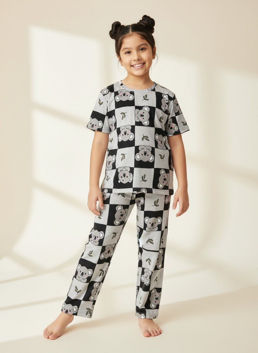 Black & White Koala Check Print T-Shirt and Pant Co-ords