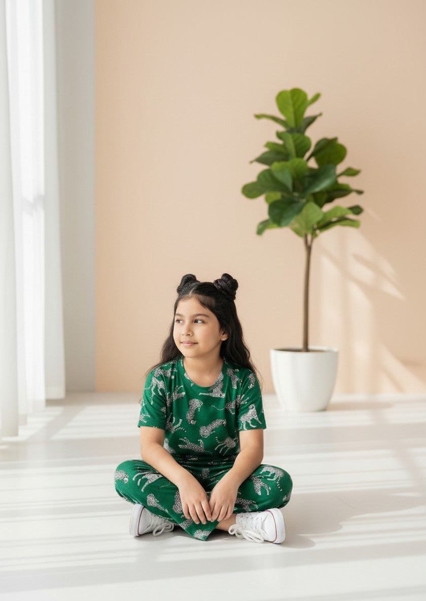 Green Leopard Print T-Shirt and Pant Co-ords